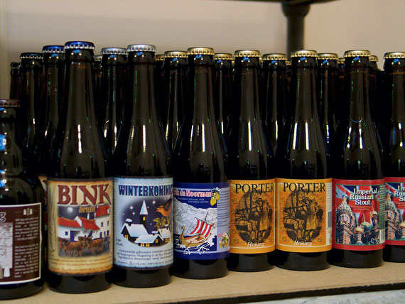 Foreign beer bottles on shelf